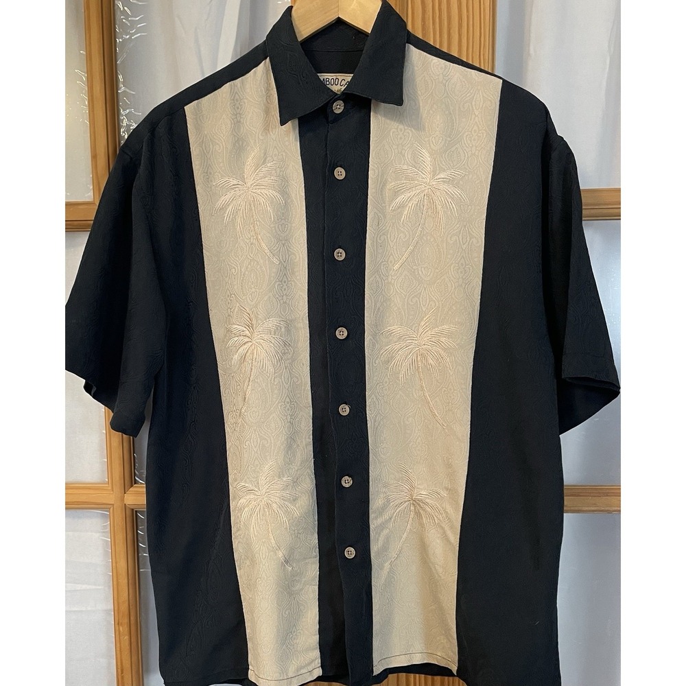 80s BAMBOO CAY Pacific Panel Shirt Mens M Black Ivory Embroidered Palm Button Up